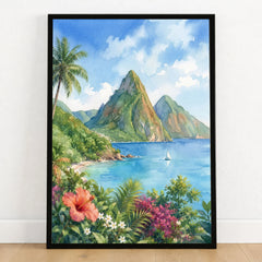 St Lucia the Pitons and bay watercolour art print in a black frame on a wooden floor