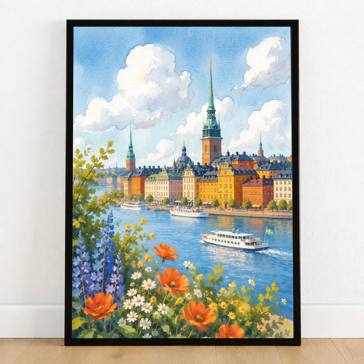 Stockholm Gamla Stan waterfront watercolour art print in a black frame on a wooden floor