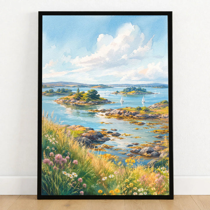 Strangford Lough islands and sailing boats watercolour art print in a black frame on a wooden floor