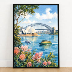 Sydney Opera House and Harbour Bridge watercolour art print in a black frame on a wooden floor
