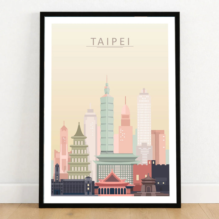 Taipei city skyline art print in a black frame on a wooden floor