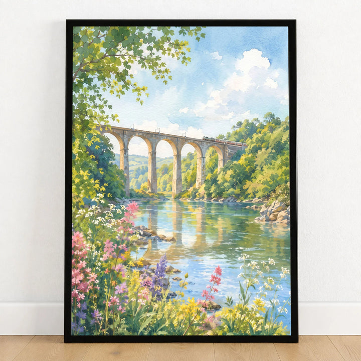 Tamar Valley Calstock Viaduct over the river watercolour art print in a black frame on a wooden floor