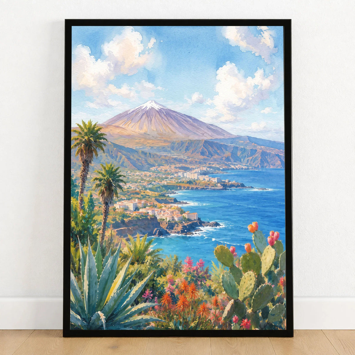 Tenerife Mount Teide and coast watercolour art print in a black frame on a wooden floor