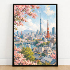 Tokyo Tokyo Tower, Skytree and Mount Fuji watercolour art print in a black frame on a wooden floor
