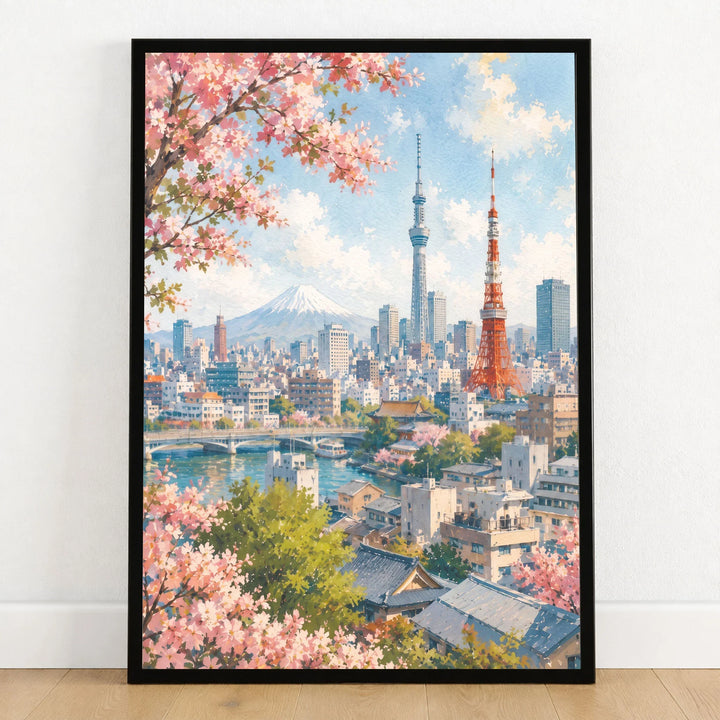 Tokyo Tokyo Tower, Skytree and Mount Fuji watercolour art print in a black frame on a wooden floor