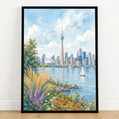 Toronto CN Tower skyline over Lake Ontario watercolour art print in a black frame on a wooden floor
