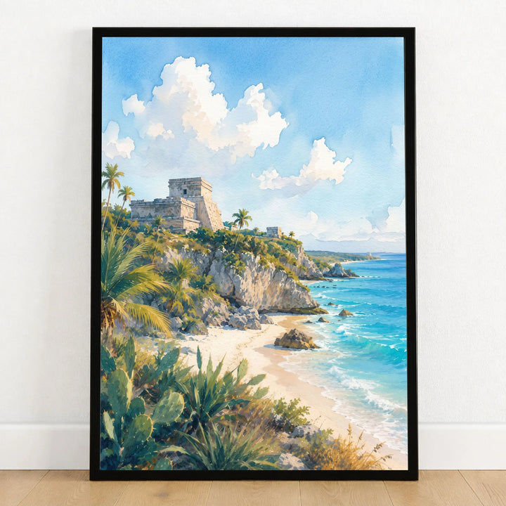 Tulum Mayan ruins above the beach watercolour art print in a black frame on a wooden floor