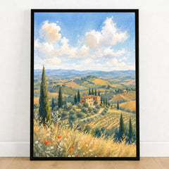 Tuscany rolling hills and cypress trees watercolour art print in a black frame on a wooden floor