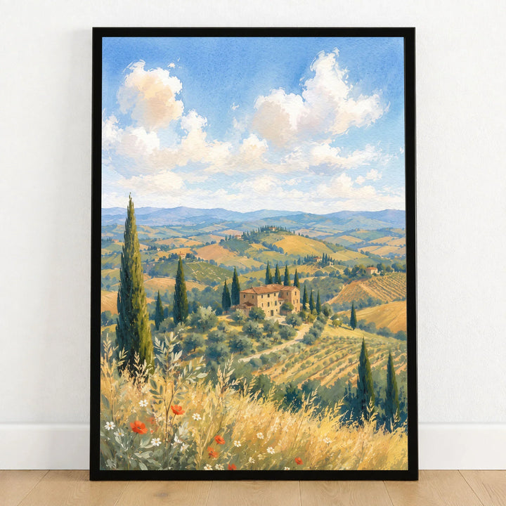 Tuscany rolling hills and cypress trees watercolour art print in a black frame on a wooden floor