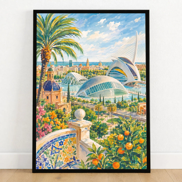 Valencia City of Arts and Sciences watercolour art print in a black frame on a wooden floor
