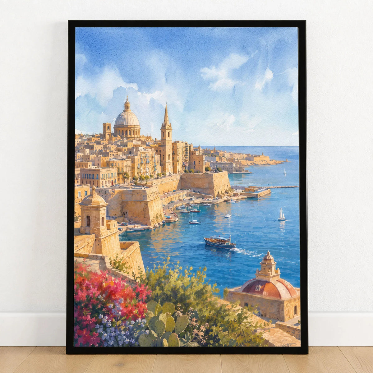 Valletta Grand Harbour and domes watercolour art print in a black frame on a wooden floor