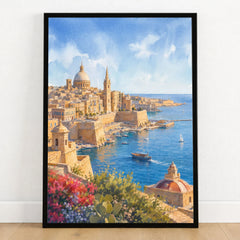 Valletta Grand Harbour and domes watercolour art print in a black frame on a wooden floor