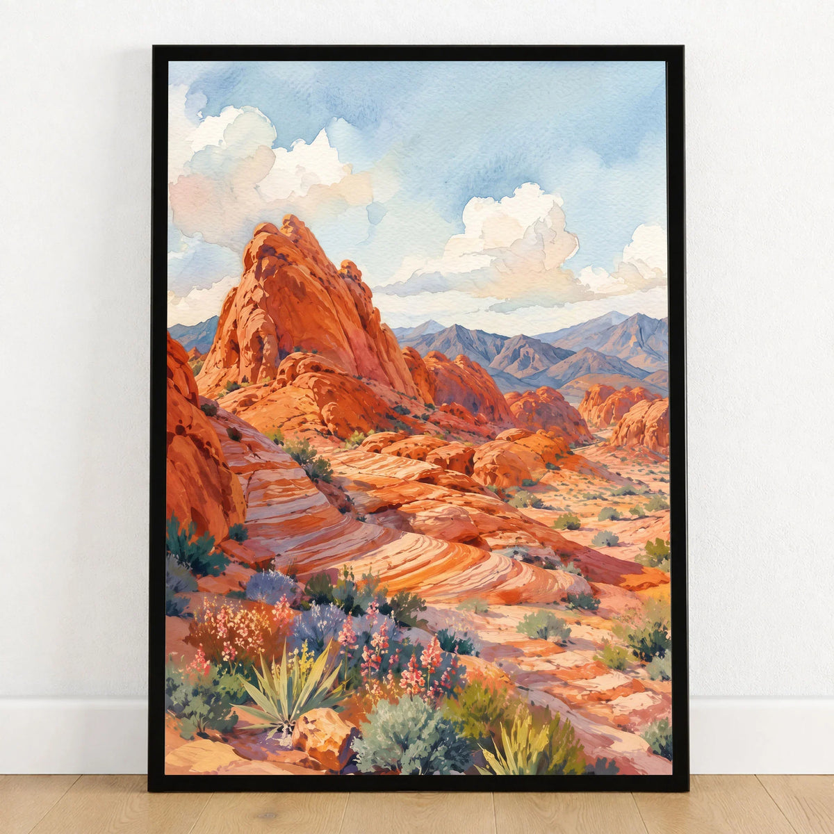 Valley of Fire State Park red sandstone waves watercolour art print in a black frame on a wooden floor