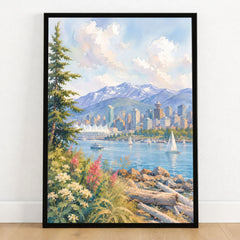 Vancouver harbour and North Shore mountains watercolour art print in a black frame on a wooden floor