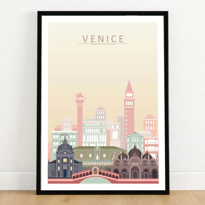 Venice city skyline art print in a black frame on a wooden floor