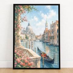 Venice Grand Canal, Salute dome and gondola watercolour art print in a black frame on a wooden floor