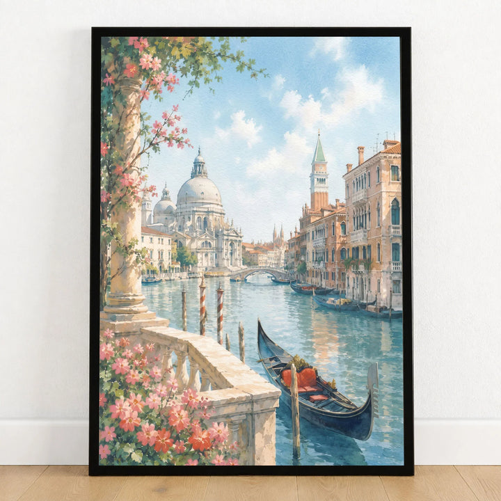 Venice Grand Canal, Salute dome and gondola watercolour art print in a black frame on a wooden floor