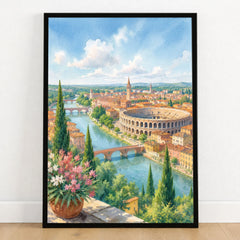 Verona Arena and Adige river watercolour art print in a black frame on a wooden floor