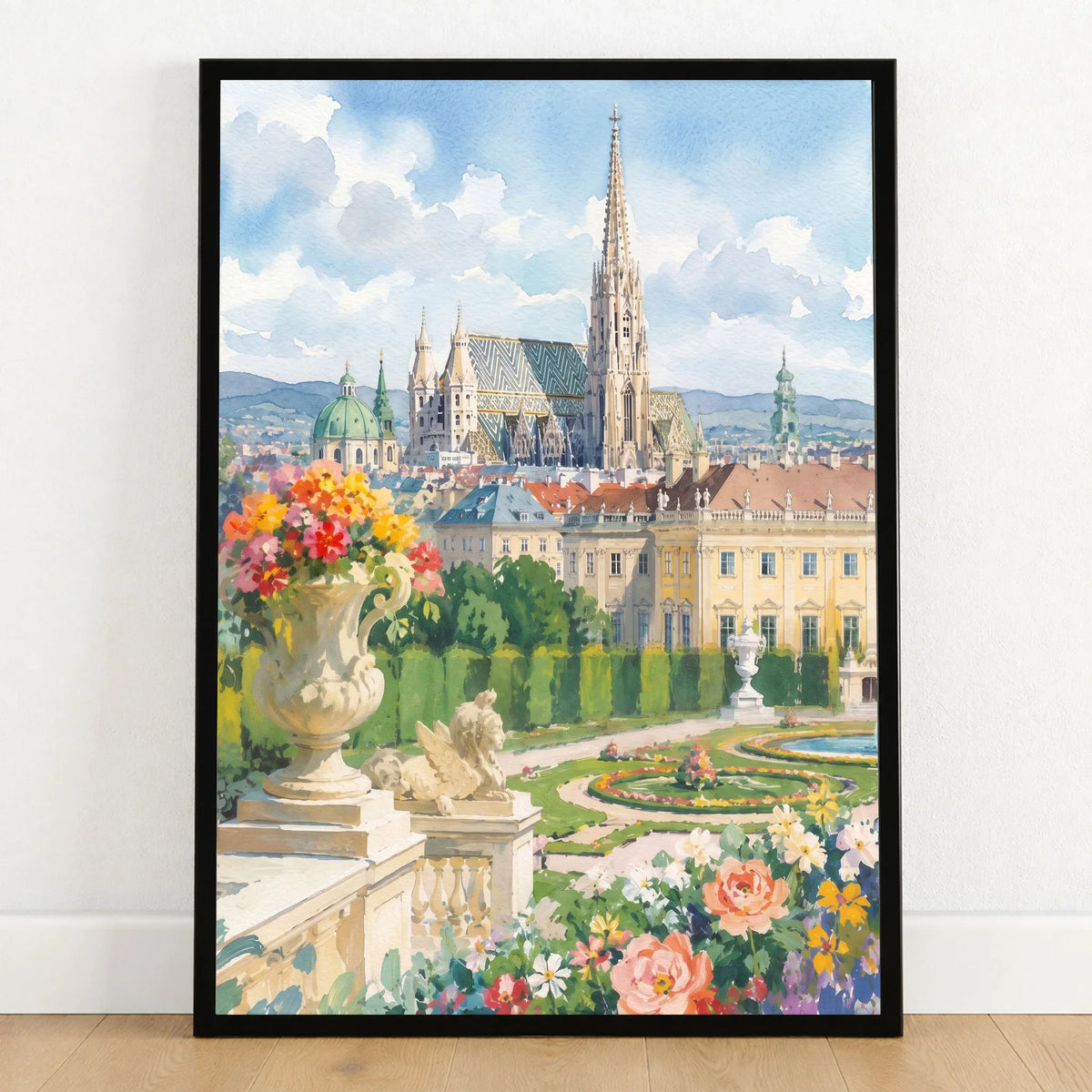 Vienna St Stephen's Cathedral and palace gardens watercolour art print in a black frame on a wooden floor