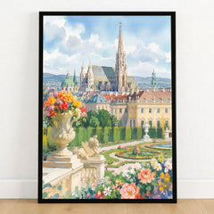 Vienna St Stephen's Cathedral and palace gardens watercolour art print in a black frame on a wooden floor