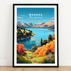 Wanaka Travel Print - framed art print in black frame on wooden floor