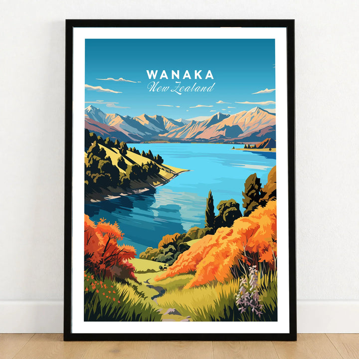 Wanaka Travel Print - framed art print in black frame on wooden floor
