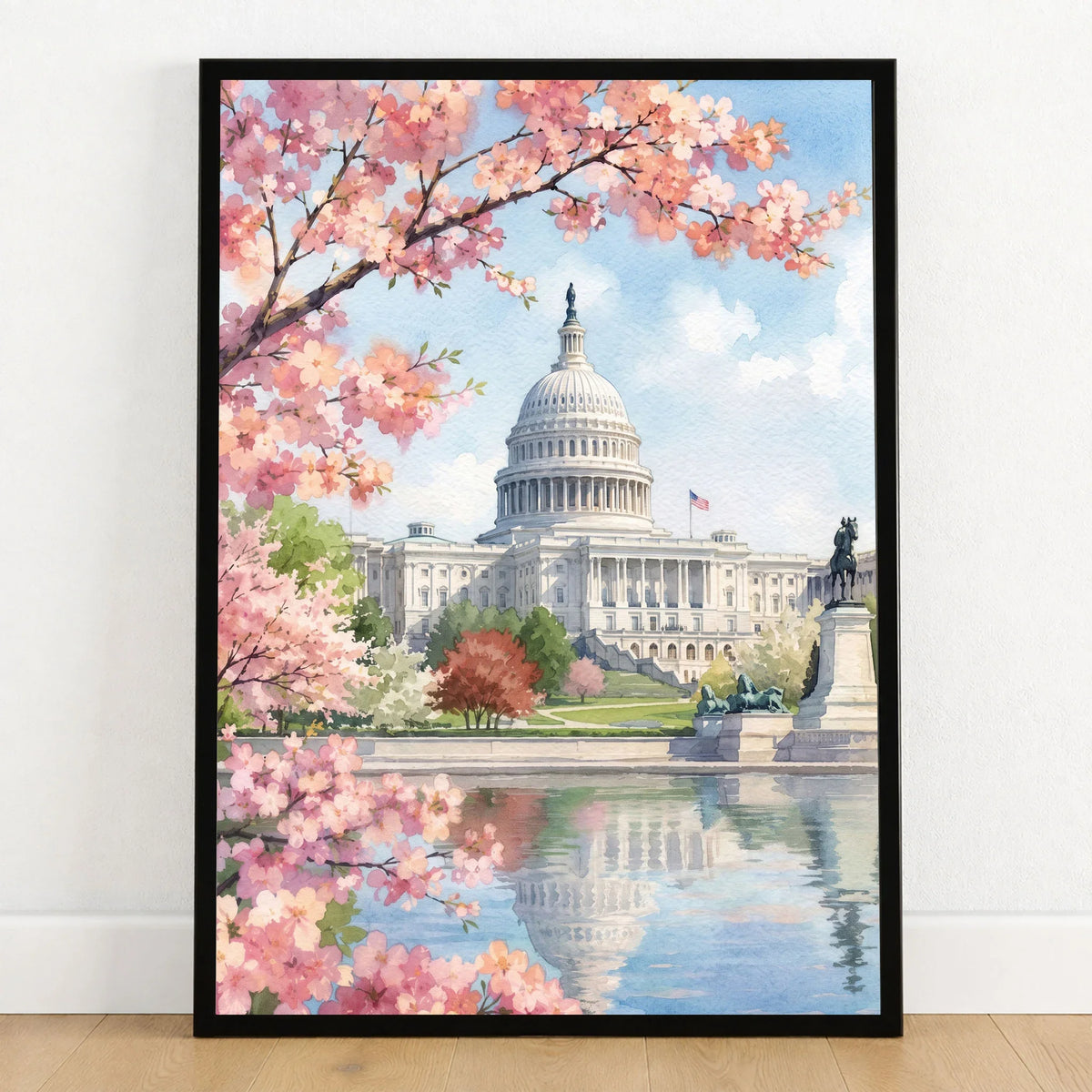 Washington DC US Capitol and cherry blossom watercolour art print in a black frame on a wooden floor