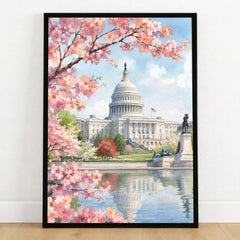 Washington DC US Capitol and cherry blossom watercolour art print in a black frame on a wooden floor