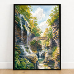 Watkins Glen State Park gorge waterfalls and stone bridge watercolour art print in a black frame on a wooden floor