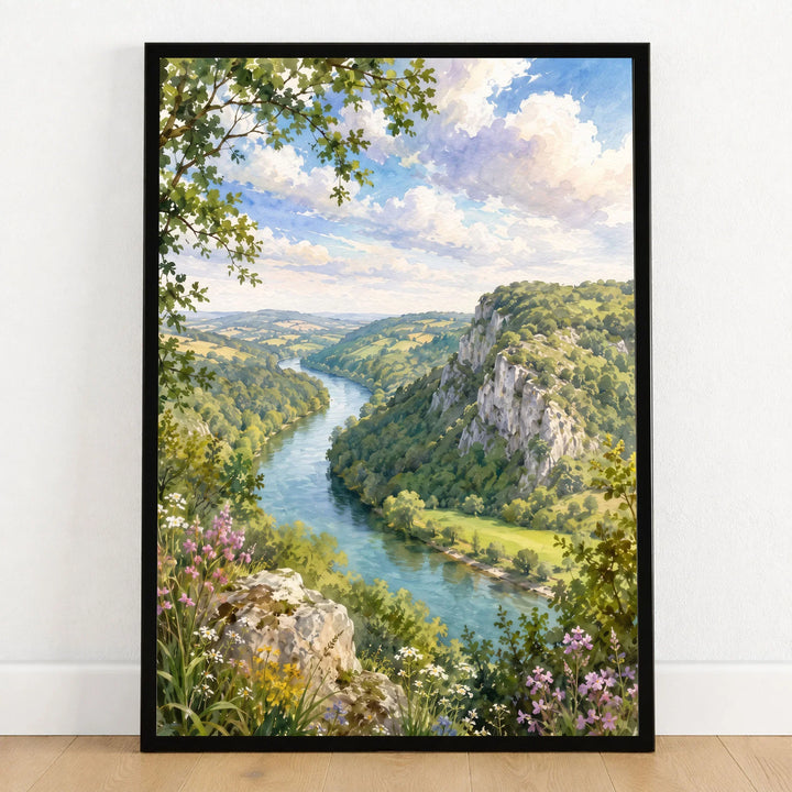 Wye Valley river and limestone cliffs watercolour art print in a black frame on a wooden floor