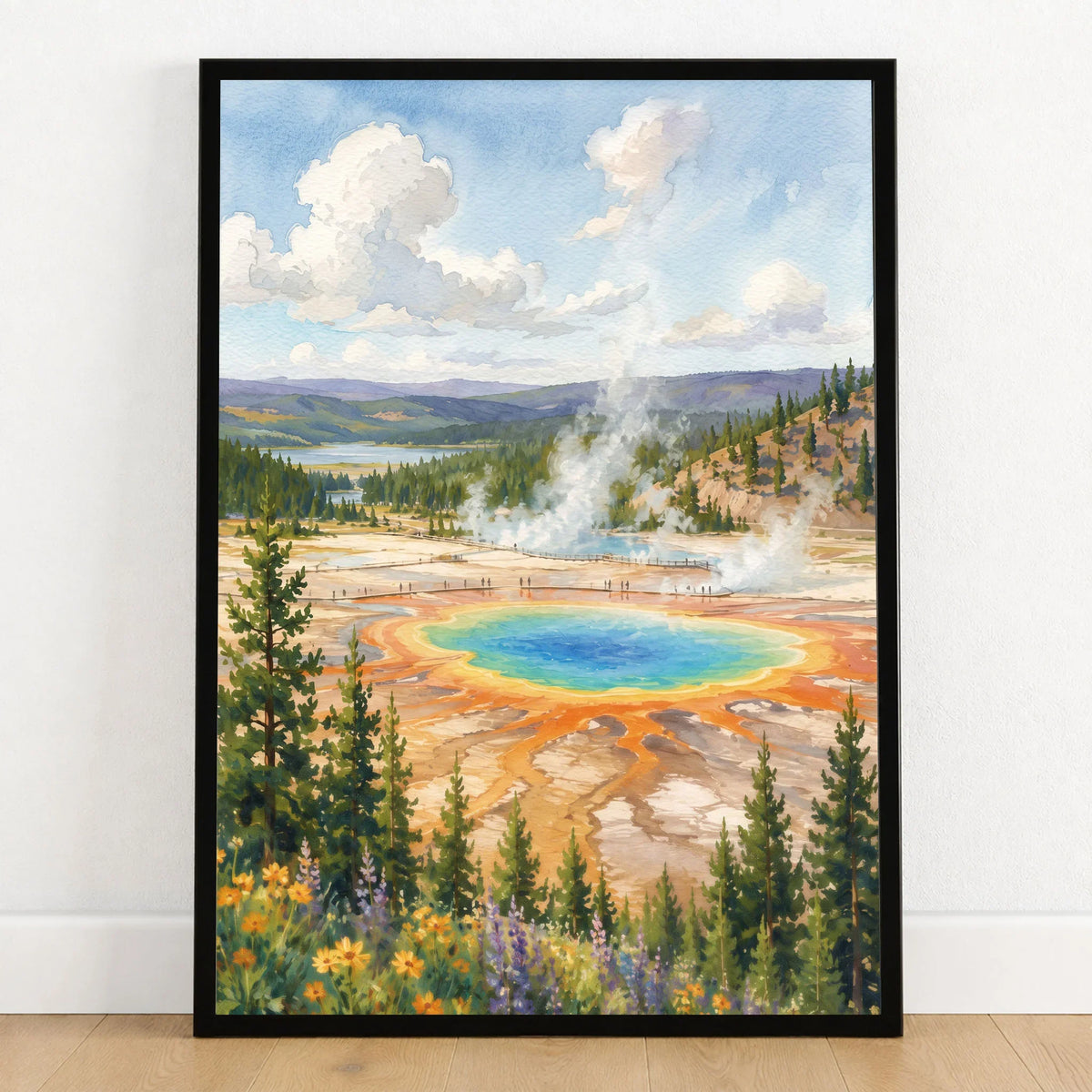 Yellowstone National Park Grand Prismatic Spring watercolour art print in a black frame on a wooden floor
