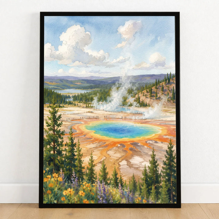 Yellowstone National Park Grand Prismatic Spring watercolour art print in a black frame on a wooden floor