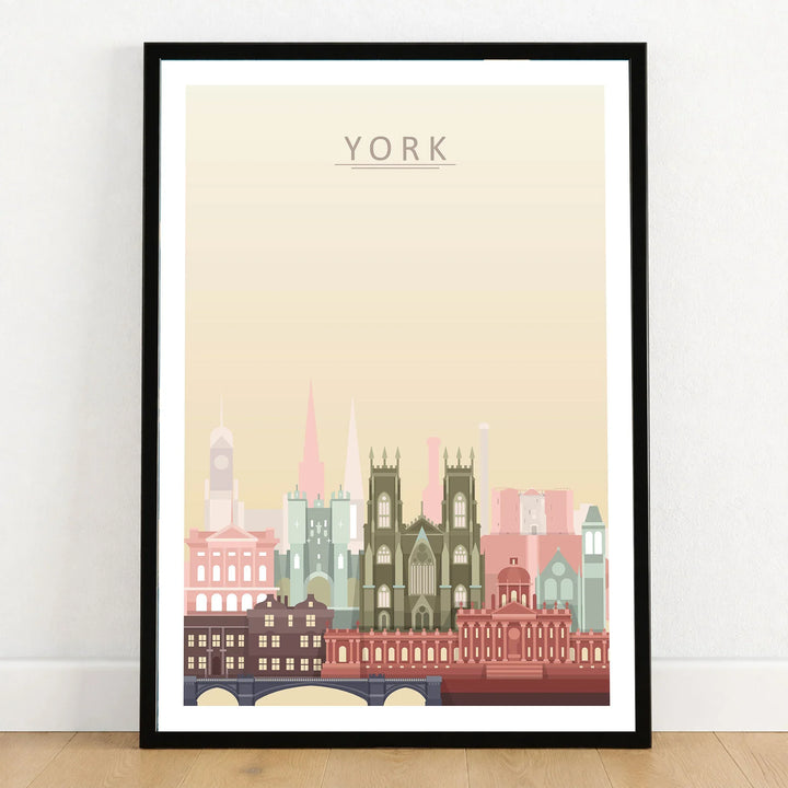 York city skyline art print in a black frame on a wooden floor