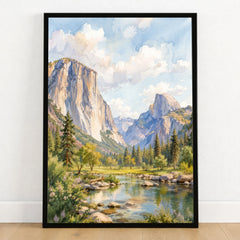 Yosemite National Park El Capitan and Half Dome watercolour art print in a black frame on a wooden floor