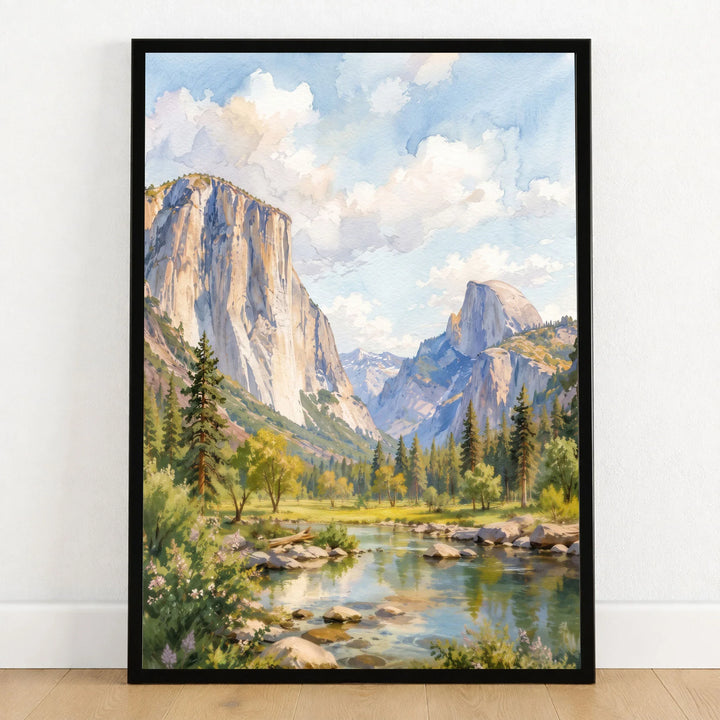Yosemite National Park El Capitan and Half Dome watercolour art print in a black frame on a wooden floor
