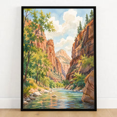 Zion National Park Virgin River canyon watercolour art print in a black frame on a wooden floor