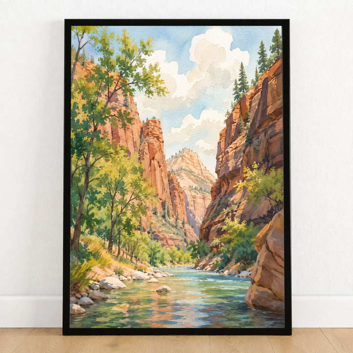 Zion National Park Virgin River canyon watercolour art print in a black frame on a wooden floor