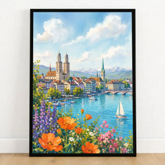 Zurich Grossmünster and the Limmat watercolour art print in a black frame on a wooden floor