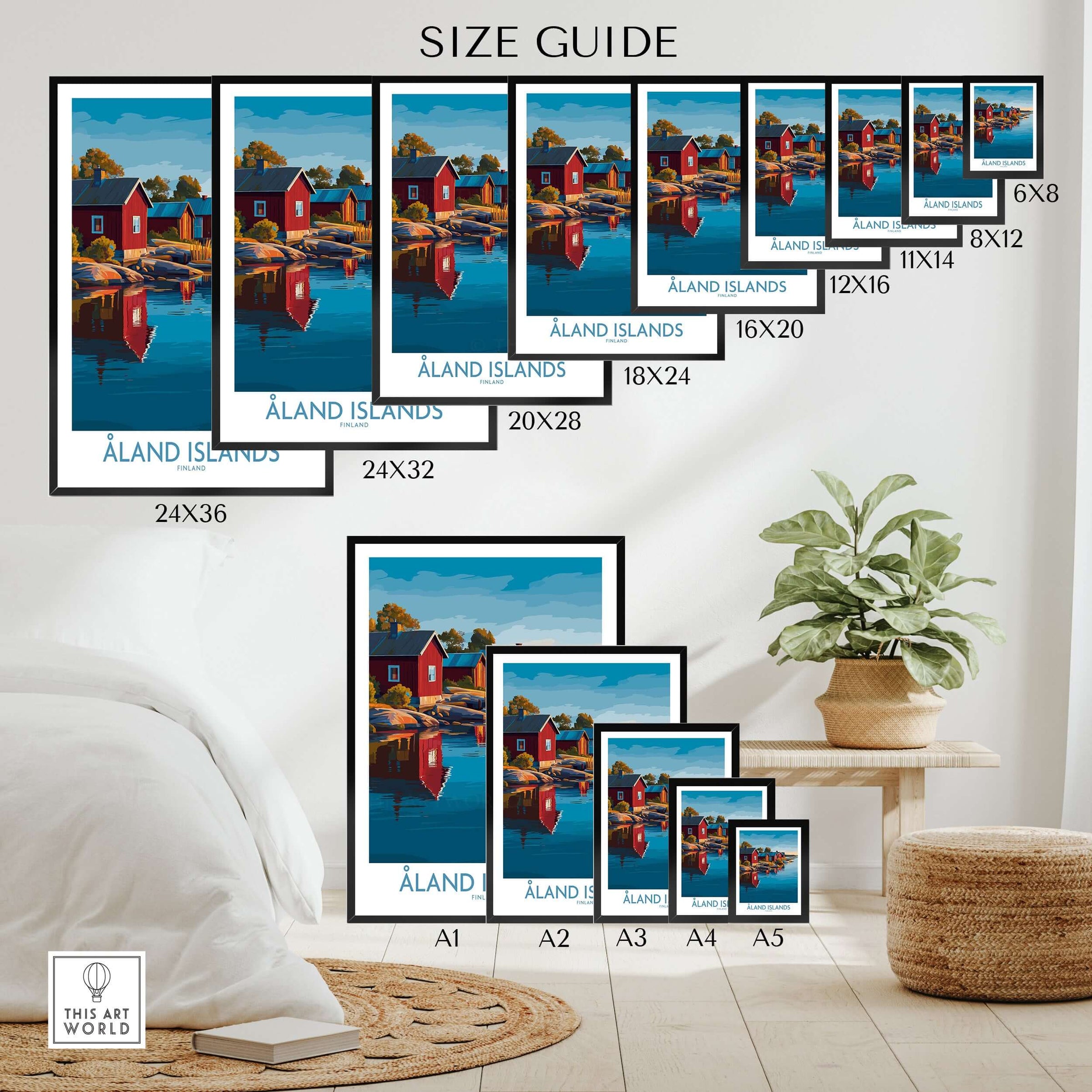 Size guide for Åland Islands Art Print | Finland Archipelago Wall Decor Poster showcasing various dimensions.