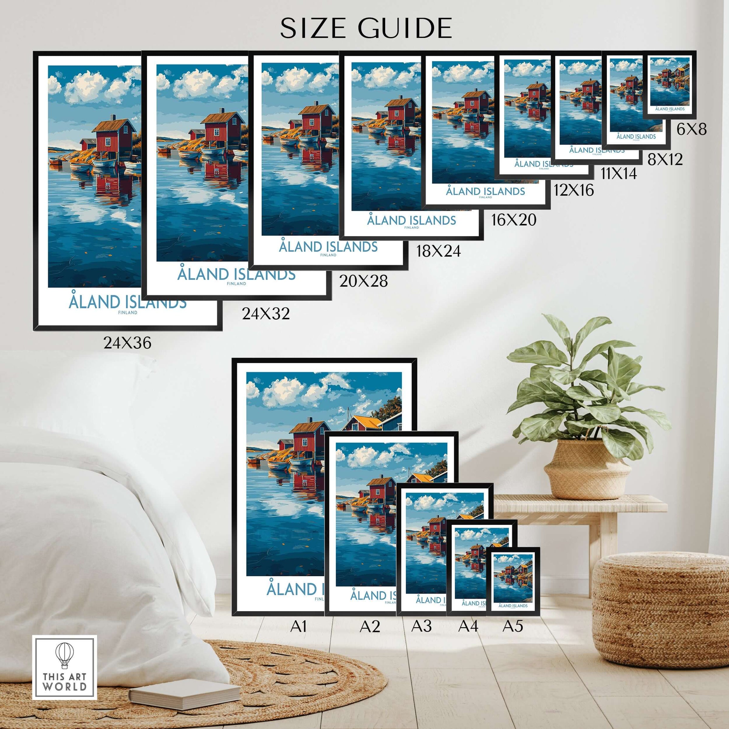 Åland Islands Finland Print | Nordic Coastal Village Poster size guide with various frame dimensions and design.