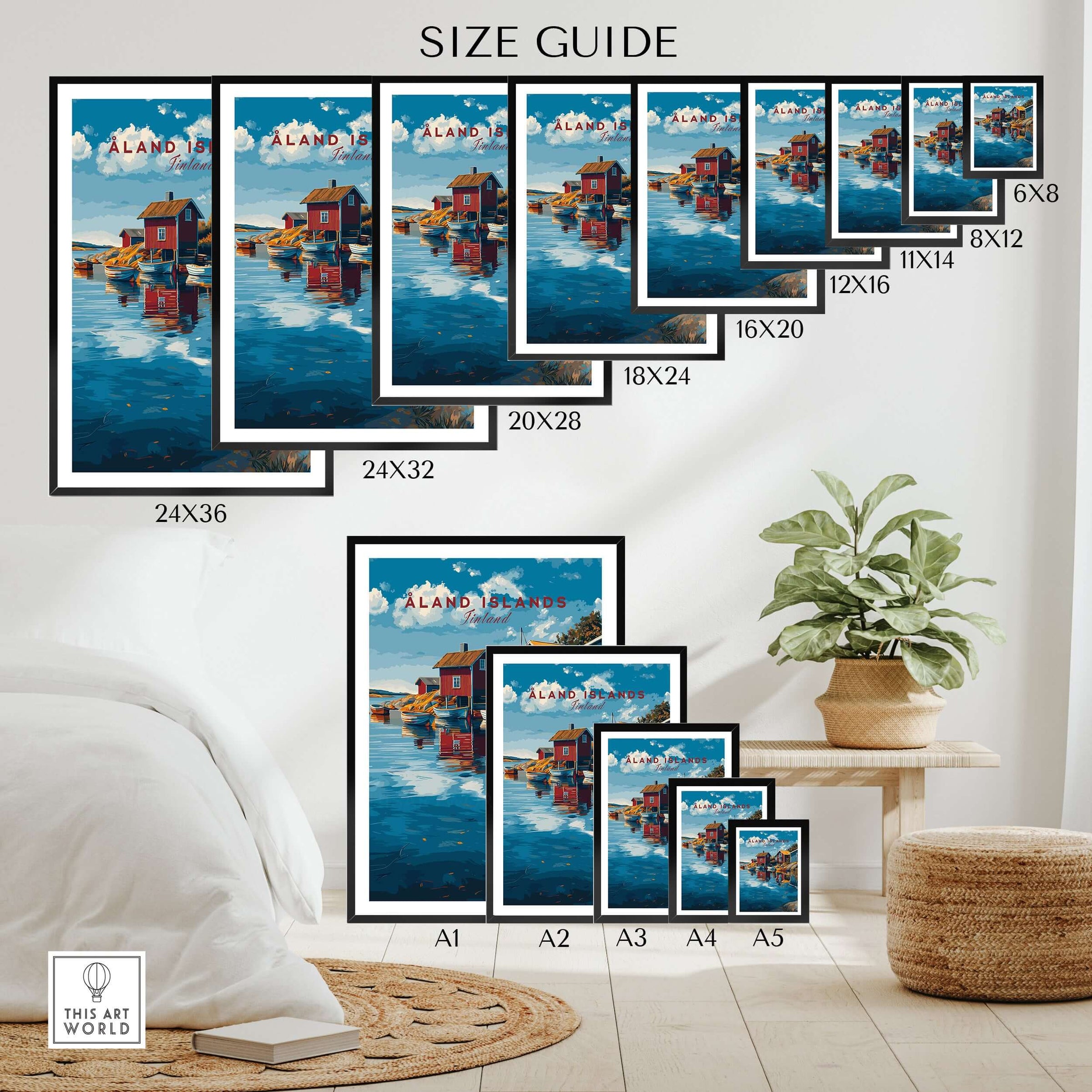 Åland Islands Poster | Scandinavian Sea Wall Decor size guide featuring various frame dimensions.