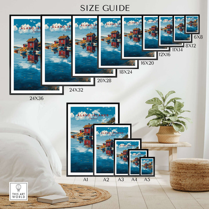 Åland Islands Poster | Scandinavian Sea Wall Decor size guide with various frame sizes on display.