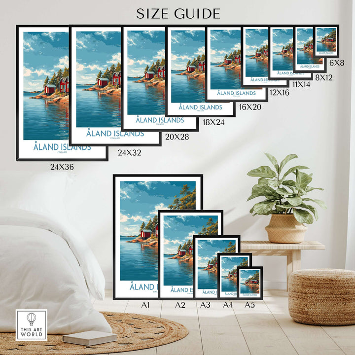 Size guide for Åland Islands Lakeside Cabin Art Print | Finland Rustic Landscape Poster showing various frame sizes.
