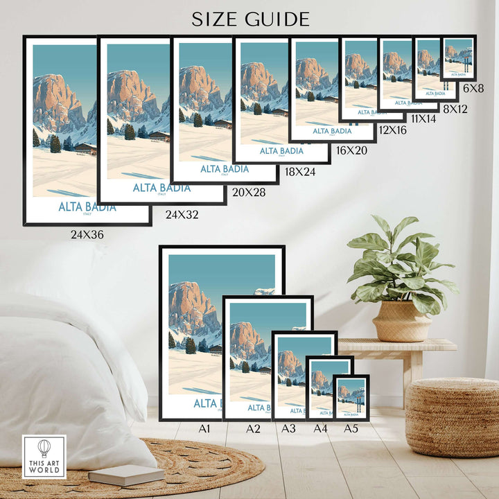 Size guide for Alta Badia Italy ski wall art showcasing different frame sizes and mountain artwork.
