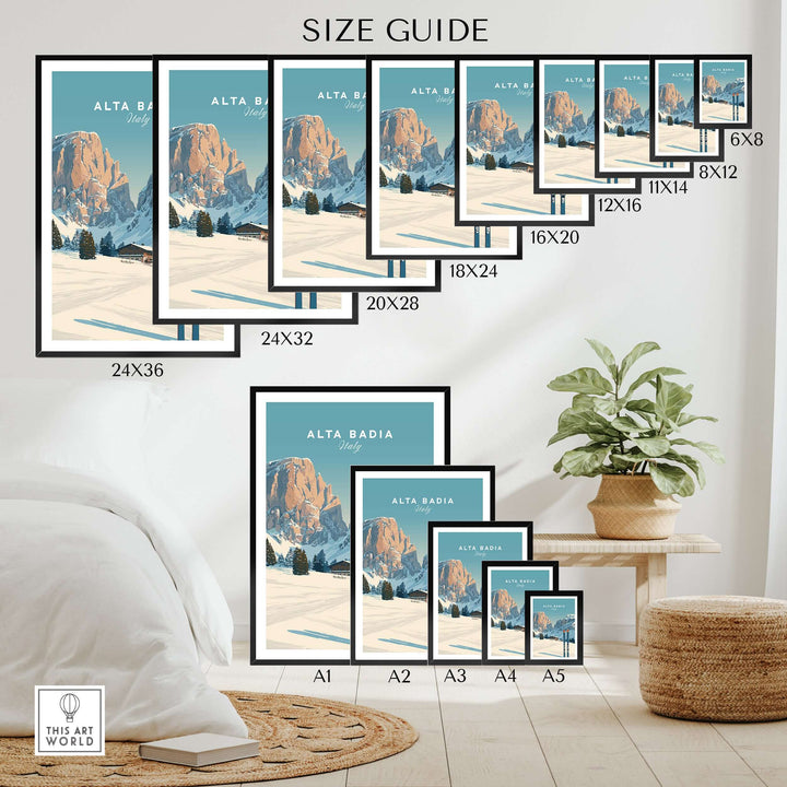 Size guide for Alta Badia Italy ski resort print showing various dimensions and stylish home decor placement.