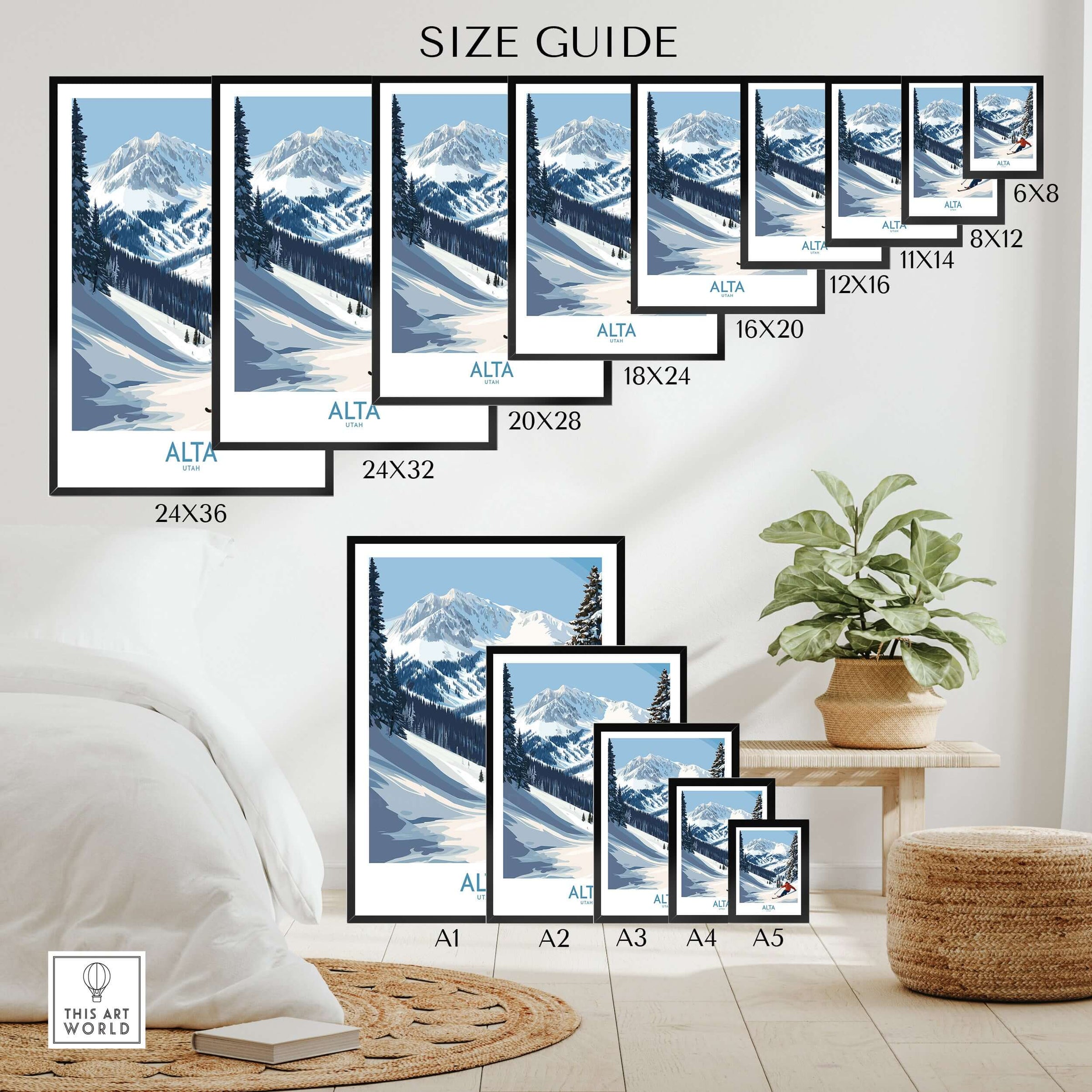 Size guide for Alta Utah skiing adventure print showing multiple frame sizes with winter mountain landscape.