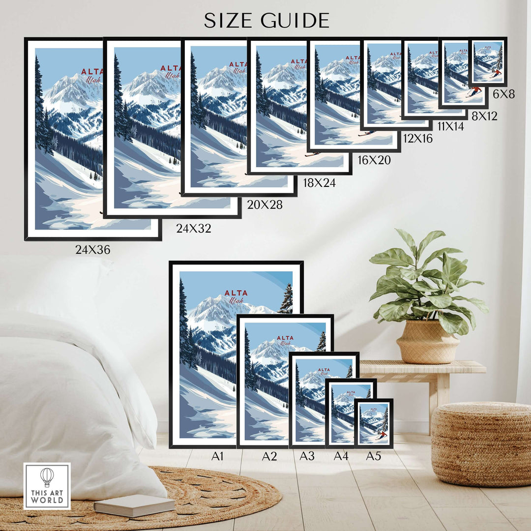 Size guide for Alta Utah Ski Poster showing various frame sizes and mountain artwork options in a cozy room.