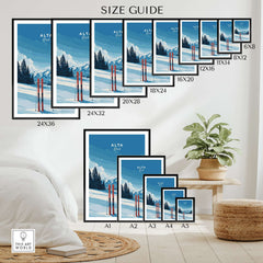Size guide for Alta Utah Skis wall art prints, showcasing various dimensions and a snowy mountain backdrop.