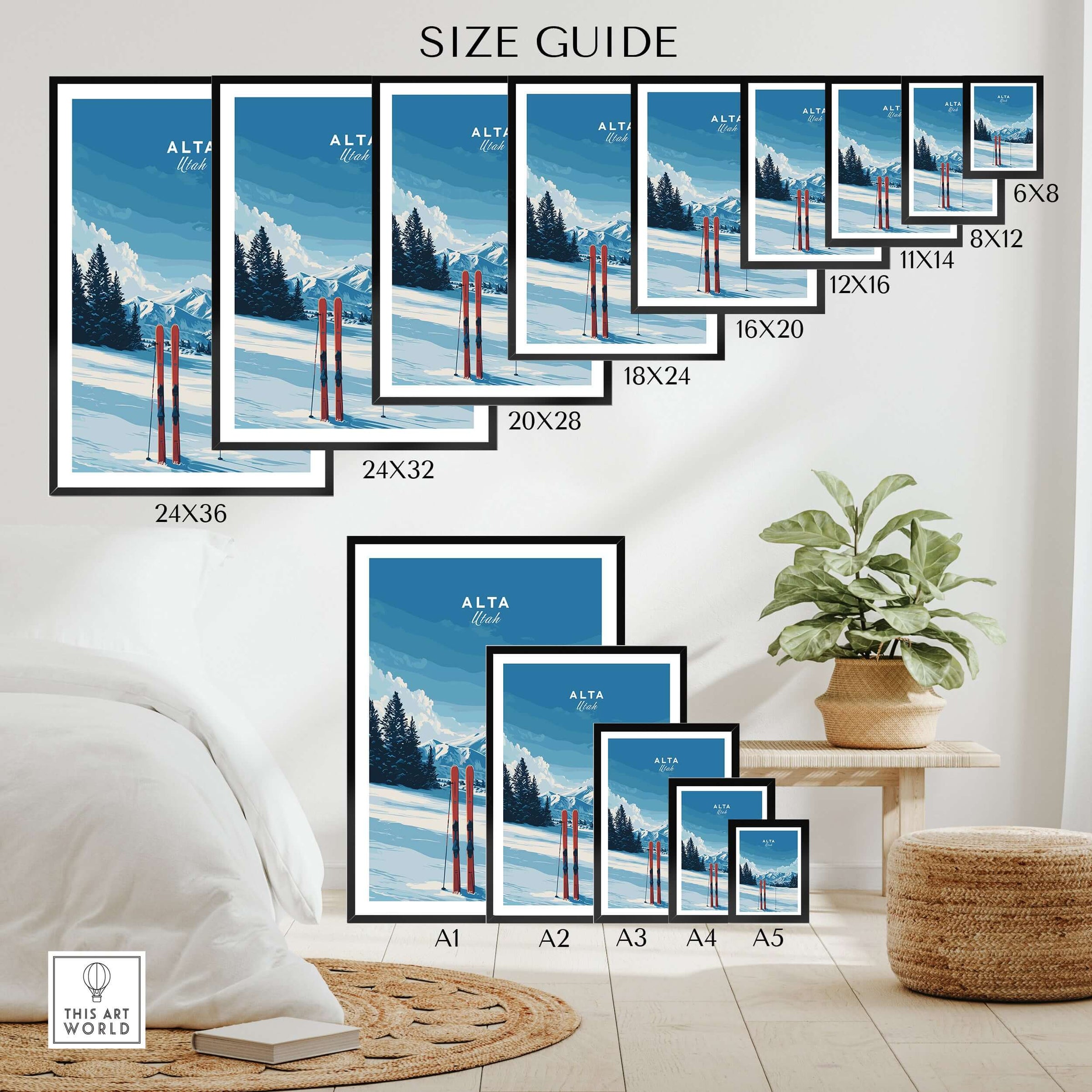 Size guide for Alta Utah Skis wall art prints, showcasing various dimensions and a snowy mountain backdrop.