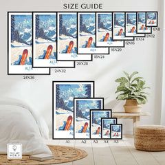 Size guide for Alta Utah Ski Adventure Poster in different dimensions and framed options.